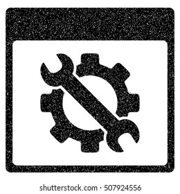 Settings Tools Calendar Page grainy textured icon for overlay watermark stamps. Flat symbol with dust texture. Dotted vector black ink rubber seal stamp with grunge design on a white background.