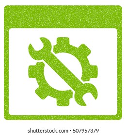 Settings Tools Calendar Page grainy textured icon for overlay watermark stamps. Flat symbol with scratched texture.