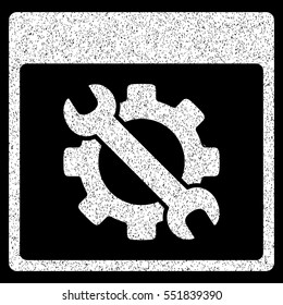 Settings Tools Calendar Page grainy textured icon for overlay watermark stamps. Flat symbol with dust texture. Dotted vector white ink rubber seal stamp with grunge design on a black background.