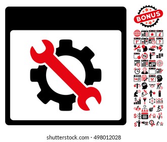 Settings Tools Calendar Page icon with bonus calendar and time management icon set. Vector illustration style is flat iconic symbols, intensive red and black, white background.