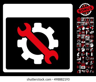 Settings Tools Calendar Page icon with bonus calendar and time management clip art. Vector illustration style is flat iconic symbols, red and white, black background.