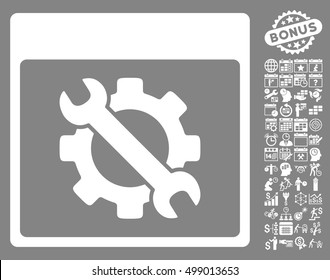 Settings Tools Calendar Page icon with bonus calendar and time management icon set. Vector illustration style is flat iconic symbols, white, gray background.