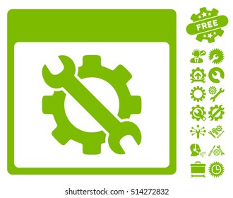 Settings Tools Calendar Page icon with bonus configuration graphic icons. Vector illustration style is flat iconic symbols, eco green, white background.