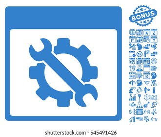 Settings Tools Calendar Page icon with bonus calendar and time management pictures. Vector illustration style is flat iconic symbols, cobalt, white background.