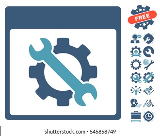 Settings Tools Calendar Page icon with bonus configuration icon set. Vector illustration style is flat iconic symbols, cyan and blue, white background.