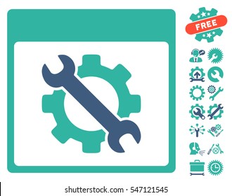Settings Tools Calendar Page icon with bonus service icon set. Vector illustration style is flat iconic symbols, cobalt and cyan, white background.