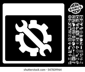 Settings Tools Calendar Page icon with bonus calendar and time management design elements. Vector illustration style is flat iconic symbols, white, black background.