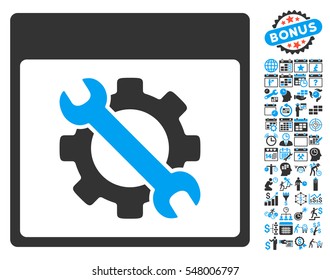 Settings Tools Calendar Page icon with bonus calendar and time management clip art. Vector illustration style is flat iconic symbols, blue and gray, white background.
