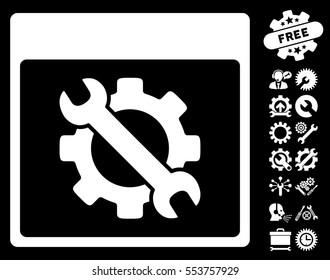 Settings Tools Calendar Page icon with bonus setup tools design elements. Vector illustration style is flat iconic symbols, white, black background.
