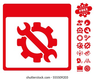 Settings Tools Calendar Page icon with bonus setup tools icon set. Vector illustration style is flat iconic symbols, red, white background.