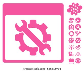Settings Tools Calendar Page icon with bonus configuration pictograms. Vector illustration style is flat iconic symbols, pink, white background.