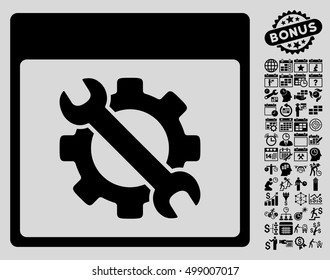 Settings Tools Calendar Page pictograph with bonus calendar and time management design elements. Vector illustration style is flat iconic symbols, black, light gray background.
