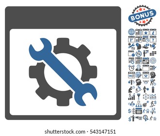 Settings Tools Calendar Page pictograph with bonus calendar and time management clip art. Vector illustration style is flat iconic symbols, cobalt and gray, white background.