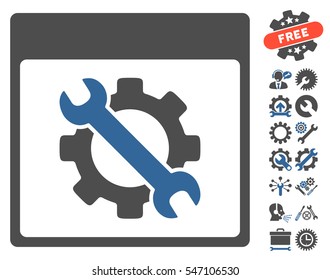 Settings Tools Calendar Page pictograph with bonus tools pictograph collection. Vector illustration style is flat iconic symbols, cobalt and gray, white background.