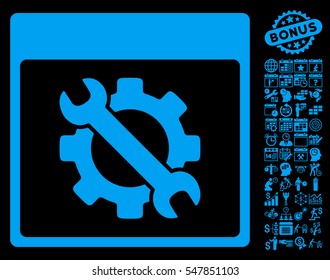 Settings Tools Calendar Page pictograph with bonus calendar and time management clip art. Vector illustration style is flat iconic symbols, blue, black background.