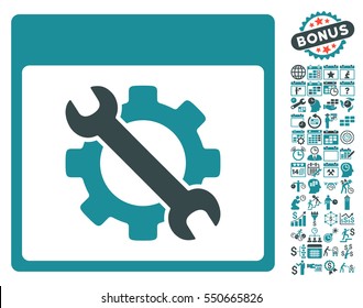 Settings Tools Calendar Page pictograph with bonus calendar and time management images. Vector illustration style is flat iconic symbols, soft blue, white background.