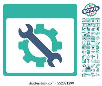 Settings Tools Calendar Page pictograph with bonus calendar and time management symbols. Vector illustration style is flat iconic symbols, cobalt and cyan, white background.