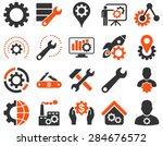 Settings and Tools Icons. Vector set style: bicolor flat images, orange and gray colors, isolated on a white background.