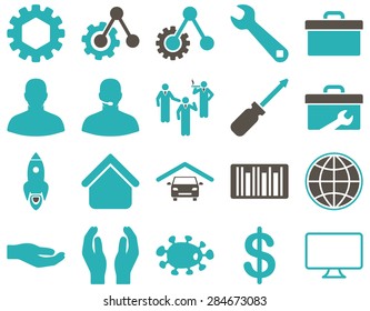 Settings and Tools Icons. Vector set style: bicolor flat images, grey and cyan colors, isolated on a white background.