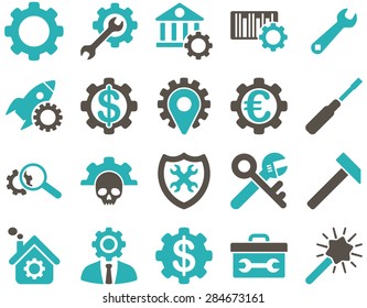 Settings and Tools Icons. Vector set style: bicolor flat images, grey and cyan colors, isolated on a white background.