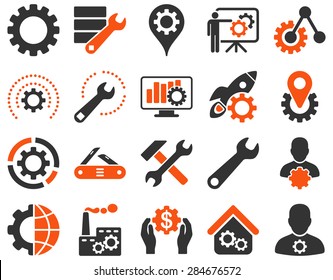 Settings and Tools Icons. Vector set style: bicolor flat images, orange and gray colors, isolated on a white background.