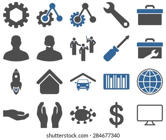 Settings and Tools Icons. Vector set style: bicolor flat images, cobalt and gray colors, isolated on a white background.