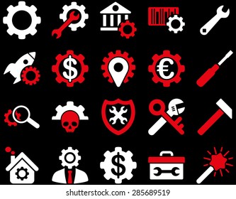 Settings and Tools Icons. Vector set style: bicolor flat images, red and white colors, isolated on a black background.