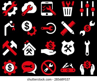 Settings and Tools Icons. Vector set style: bicolor flat images, red and white colors, isolated on a black background.