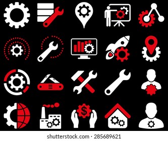 Settings and Tools Icons. Vector set style: bicolor flat images, red and white colors, isolated on a black background.