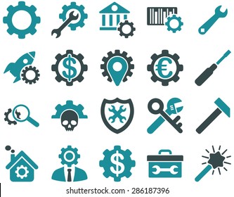 Settings and Tools Icons. Vector set style: bicolor flat images, soft blue colors, isolated on a white background.