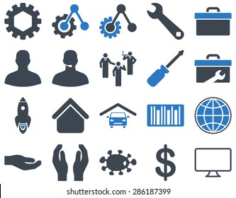 Settings and Tools Icons. Vector set style: bicolor flat images, smooth blue colors, isolated on a white background.