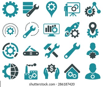 Settings and Tools Icons. Vector set style: bicolor flat images, soft blue colors, isolated on a white background.