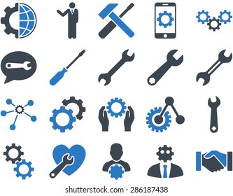 Settings and Tools Icons. Vector set style: bicolor flat images, smooth blue colors, isolated on a white background.