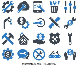Settings and Tools Icons. Vector set style: bicolor flat images, smooth blue colors, isolated on a white background.
