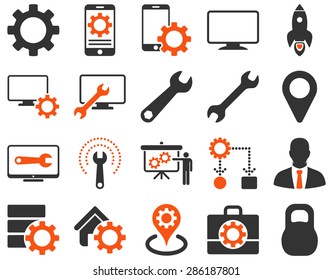 Settings and Tools Icons. Vector set style: bicolor flat images, orange and gray colors, isolated on a white background.