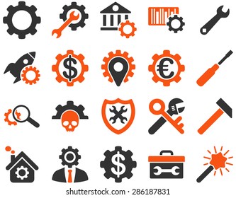 Settings and Tools Icons. Vector set style: bicolor flat images, orange and gray colors, isolated on a white background.