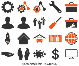 Settings and Tools Icons. Vector set style: bicolor flat images, orange and gray colors, isolated on a white background.