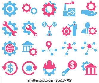 Settings and Tools Icons. Vector set style: bicolor flat images, pink and blue colors, isolated on a white background.
