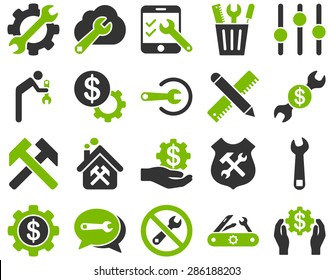 Settings and Tools Icons. Vector set style: bicolor flat images, eco green and gray colors, isolated on a white background.