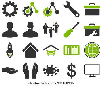 Settings and Tools Icons. Vector set style: bicolor flat images, eco green and gray colors, isolated on a white background.