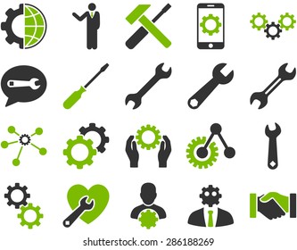 Settings and Tools Icons. Vector set style: bicolor flat images, eco green and gray colors, isolated on a white background.