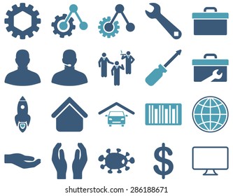 Settings and Tools Icons. Vector set style: bicolor flat images, cyan and blue colors, isolated on a white background.