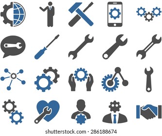 Settings and Tools Icons. Vector set style: bicolor flat images, cobalt and gray colors, isolated on a white background.