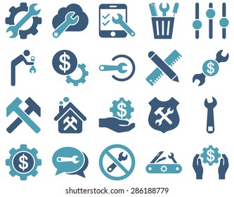 Settings and Tools Icons. Vector set style: bicolor flat images, cyan and blue colors, isolated on a white background.