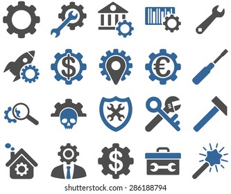 Settings and Tools Icons. Vector set style: bicolor flat images, cobalt and gray colors, isolated on a white background.