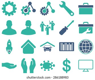 Settings and Tools Icons. Vector set style: bicolor flat images, cobalt and cyan colors, isolated on a white background.