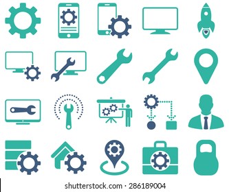 Settings and Tools Icons. Vector set style: bicolor flat images, cobalt and cyan colors, isolated on a white background.