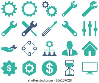 Settings and Tools Icons. Vector set style: bicolor flat images, cobalt and cyan colors, isolated on a white background.