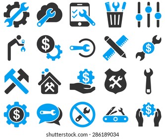 Settings and Tools Icons. Vector set style: bicolor flat images, blue and gray colors, isolated on a white background.