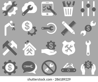 Settings and Tools Icons. Vector set style: bicolor flat images, dark gray and white colors, isolated on a silver background.